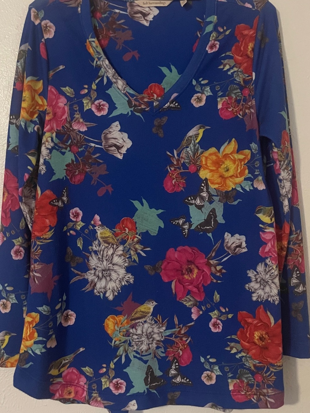Soft Surroundings Cerulean Paradise Floral Birds Butterfly Tunic Sweater Top PM